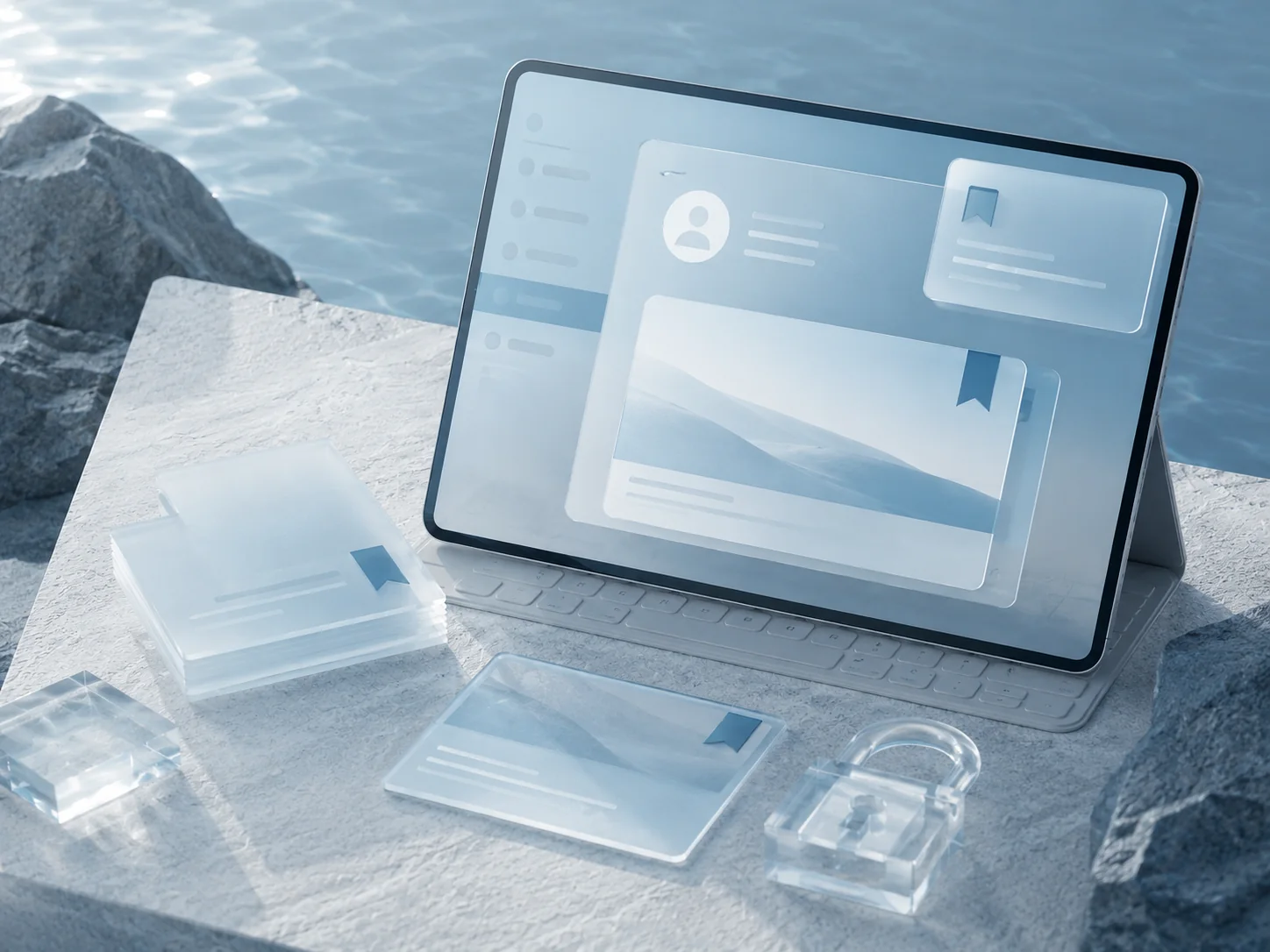 Frosted educational interface with bookmarks and secure account concept