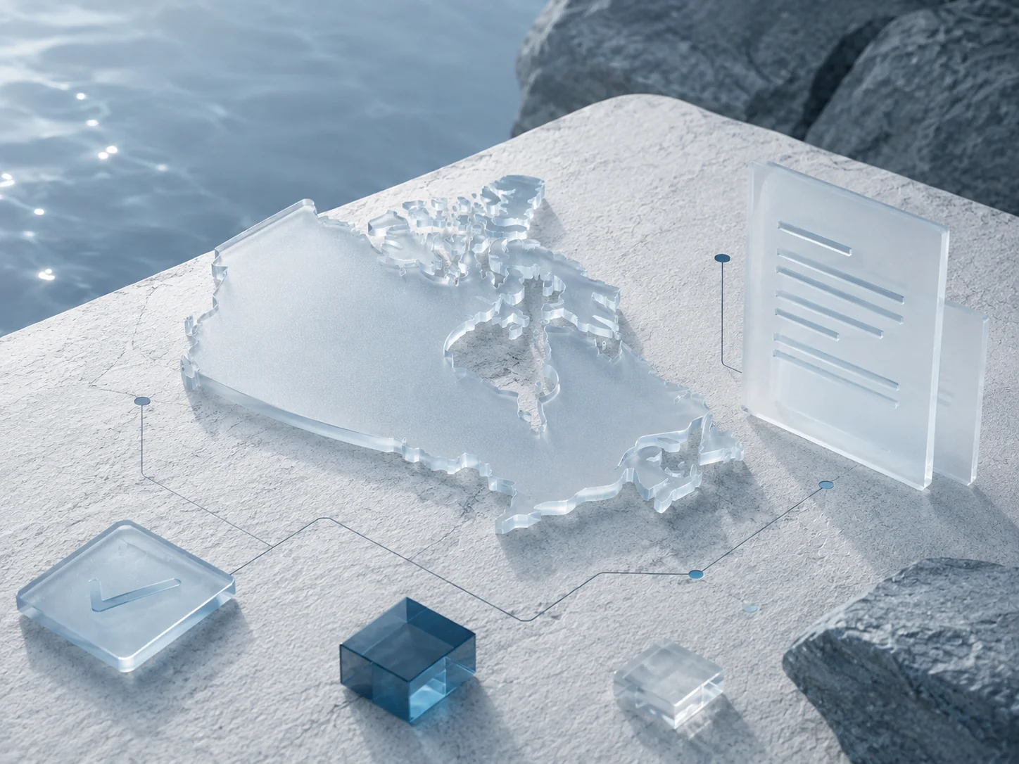 Abstract translucent map of Canada with document panels
