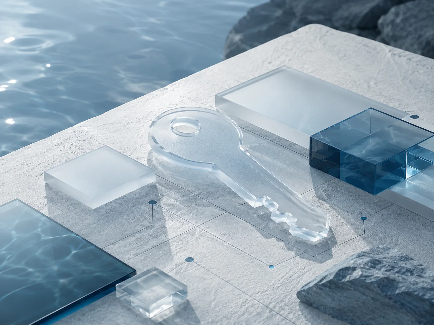 Frosted glass key and network forms representing wallet security
